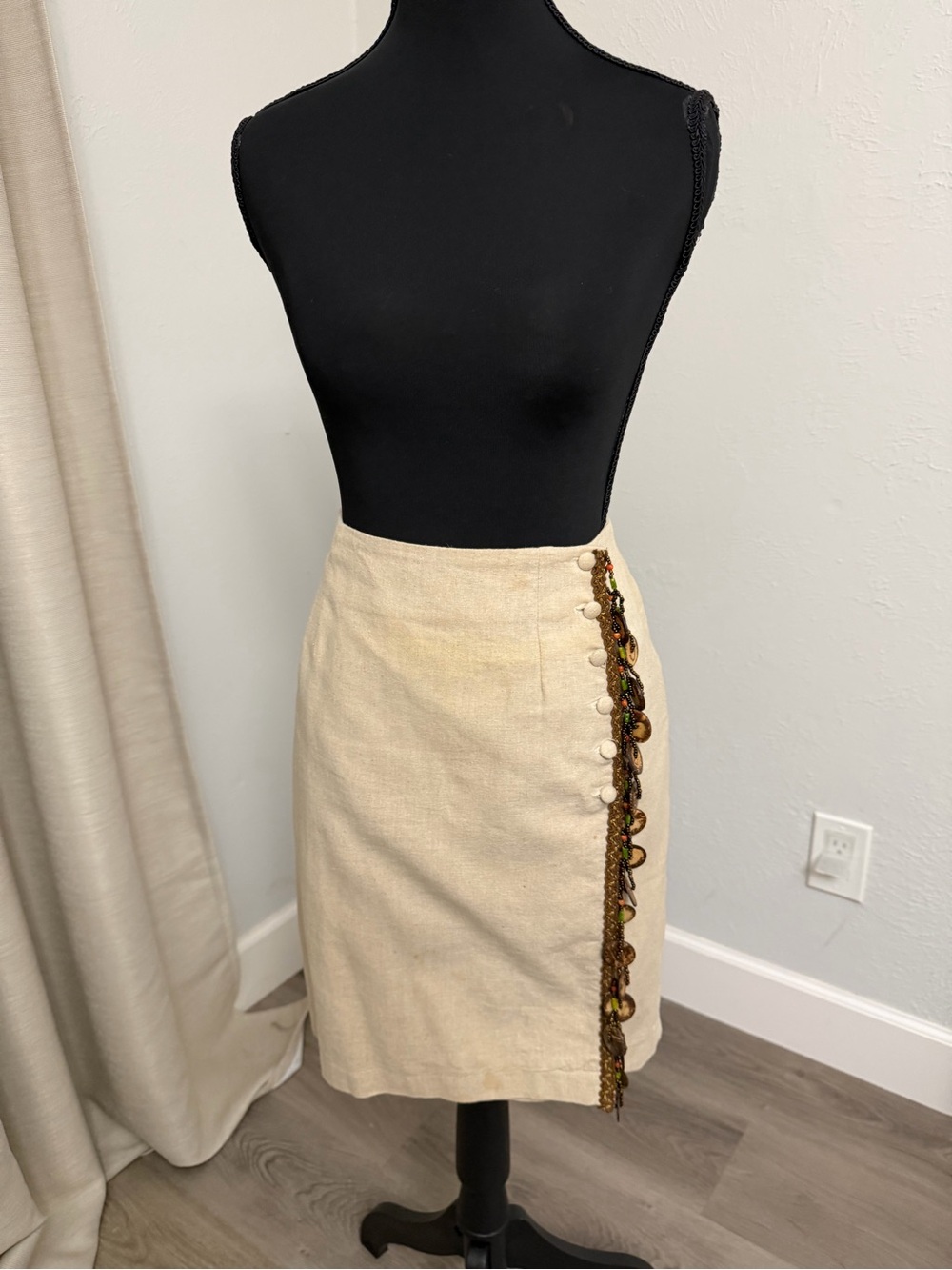 Vintage Linen Wrap Skirt Beaded Fringe Decorative Side Buttons